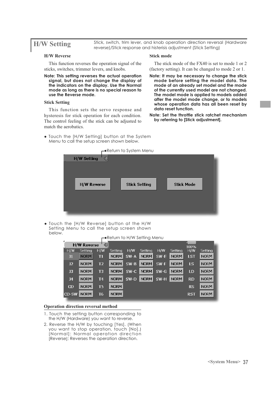 H/w setting | Futaba FX-40 User Manual | Page 37 / 129