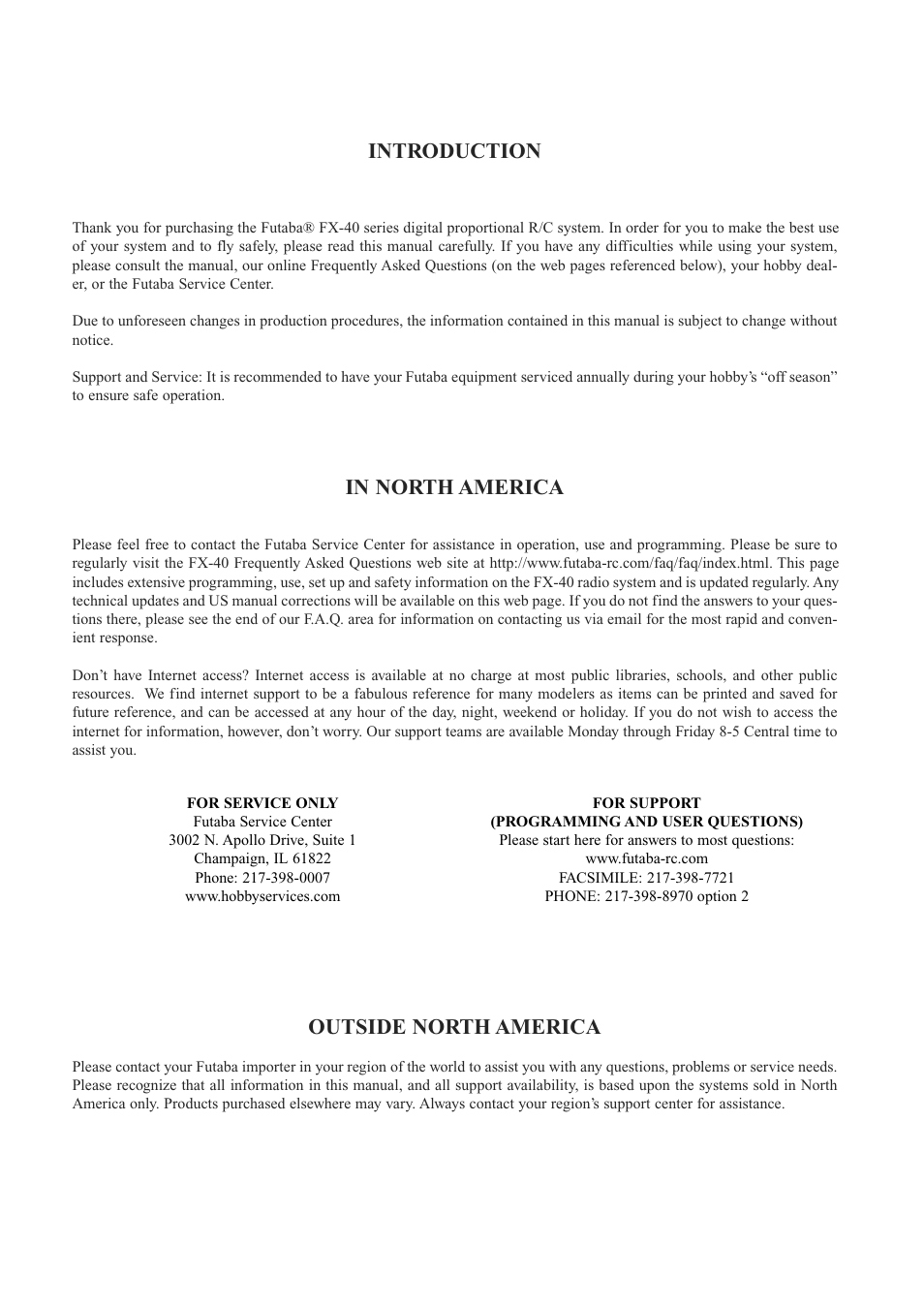 Introduction, Outside north america | Futaba FX-40 User Manual | Page 4 / 129