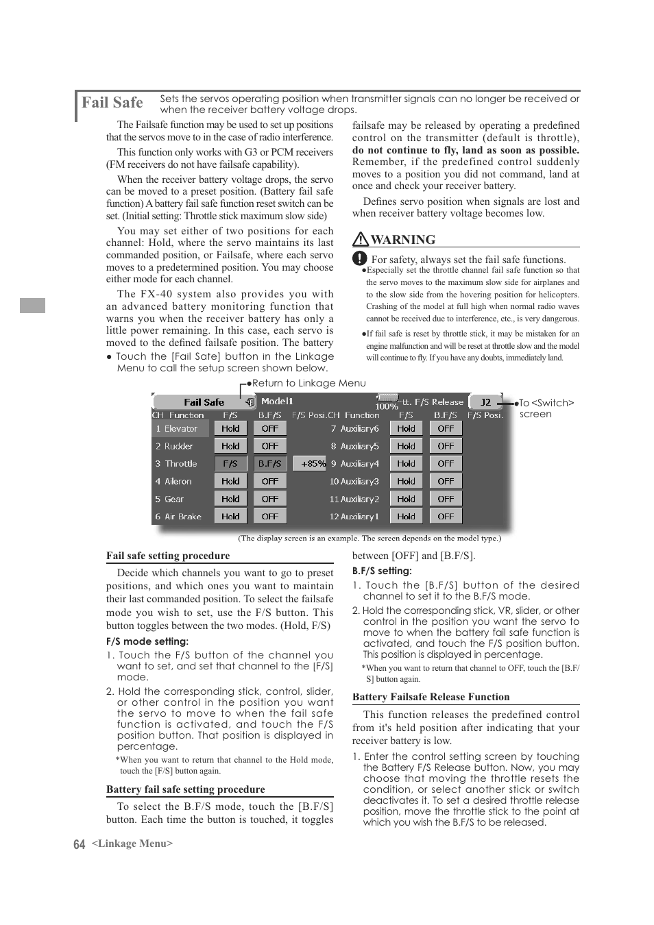 Fail safe, Warning | Futaba FX-40 User Manual | Page 64 / 129