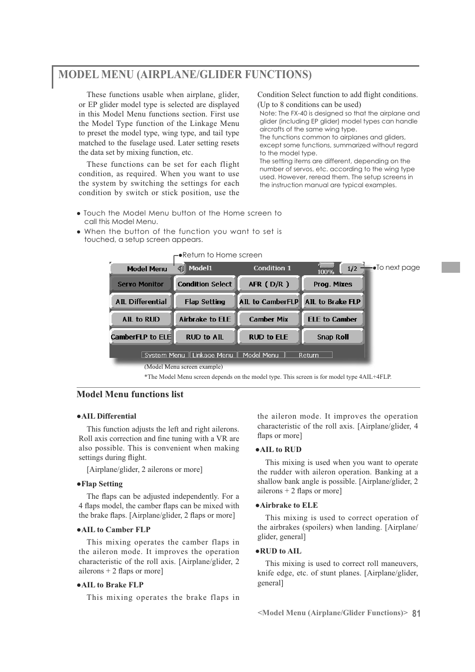 Model menu (airplane/glider functions) | Futaba FX-40 User Manual | Page 81 / 129