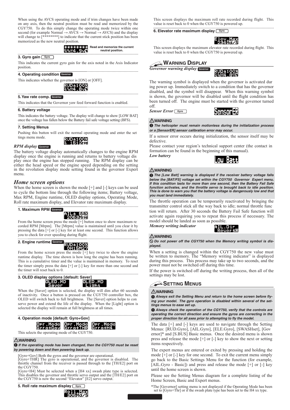 Home screen options | Futaba CGY750 User Manual | Page 8 / 27