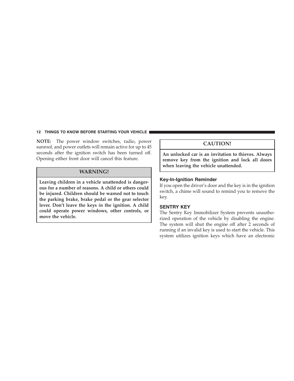 Key-in-ignition reminder, Sentry key | Chrysler 2005 Pacifica User Manual | Page 12 / 420