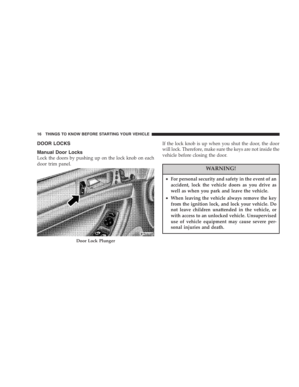Door locks, Manual door locks | Chrysler 2005 Pacifica User Manual | Page 16 / 420