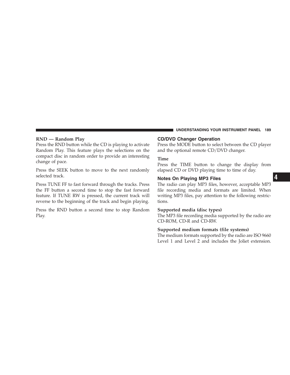 Cd/dvd changer operation, Notes on playing mp3 files | Chrysler 2005 Pacifica User Manual | Page 189 / 420