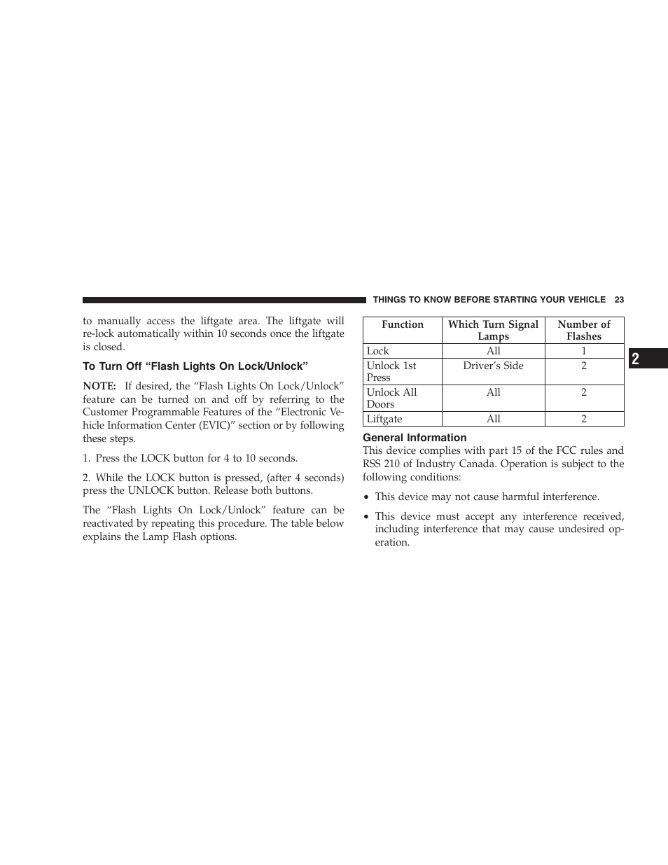 To turn off “flash lights on lock/unlock, General information | Chrysler 2005 Pacifica User Manual | Page 23 / 420