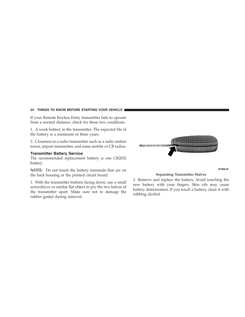 Transmitter battery service | Chrysler 2005 Pacifica User Manual | Page 24 / 420