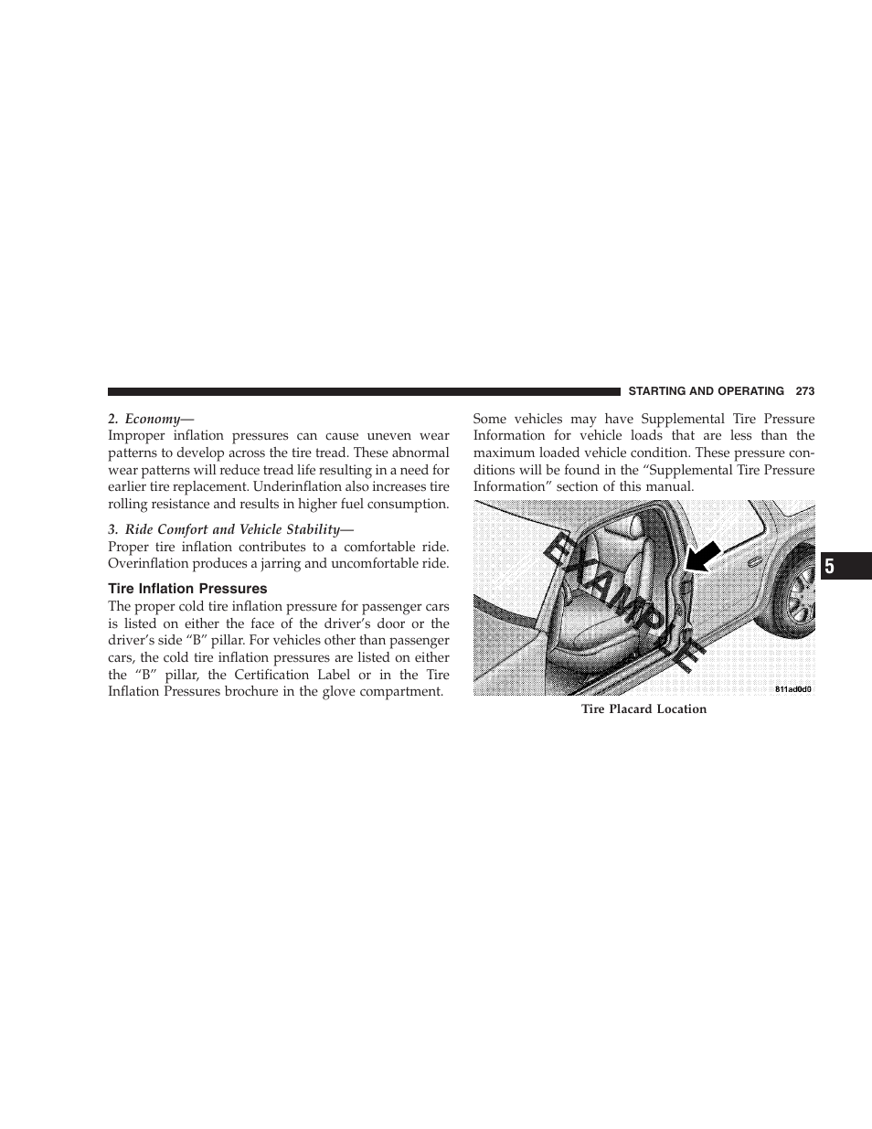 Tire inflation pressures | Chrysler 2005 Pacifica User Manual | Page 273 / 420