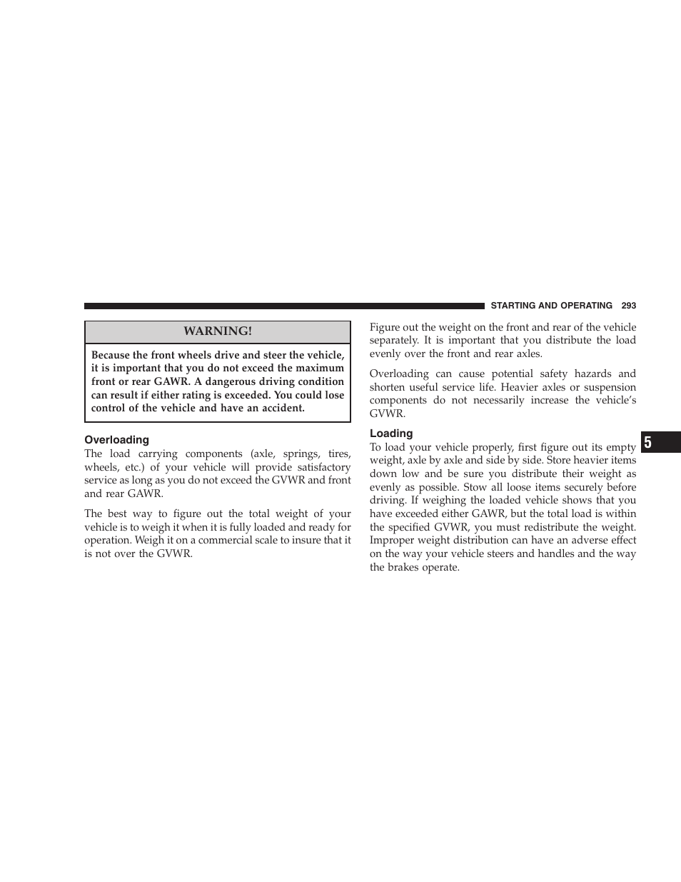 Overloading, Loading | Chrysler 2005 Pacifica User Manual | Page 293 / 420