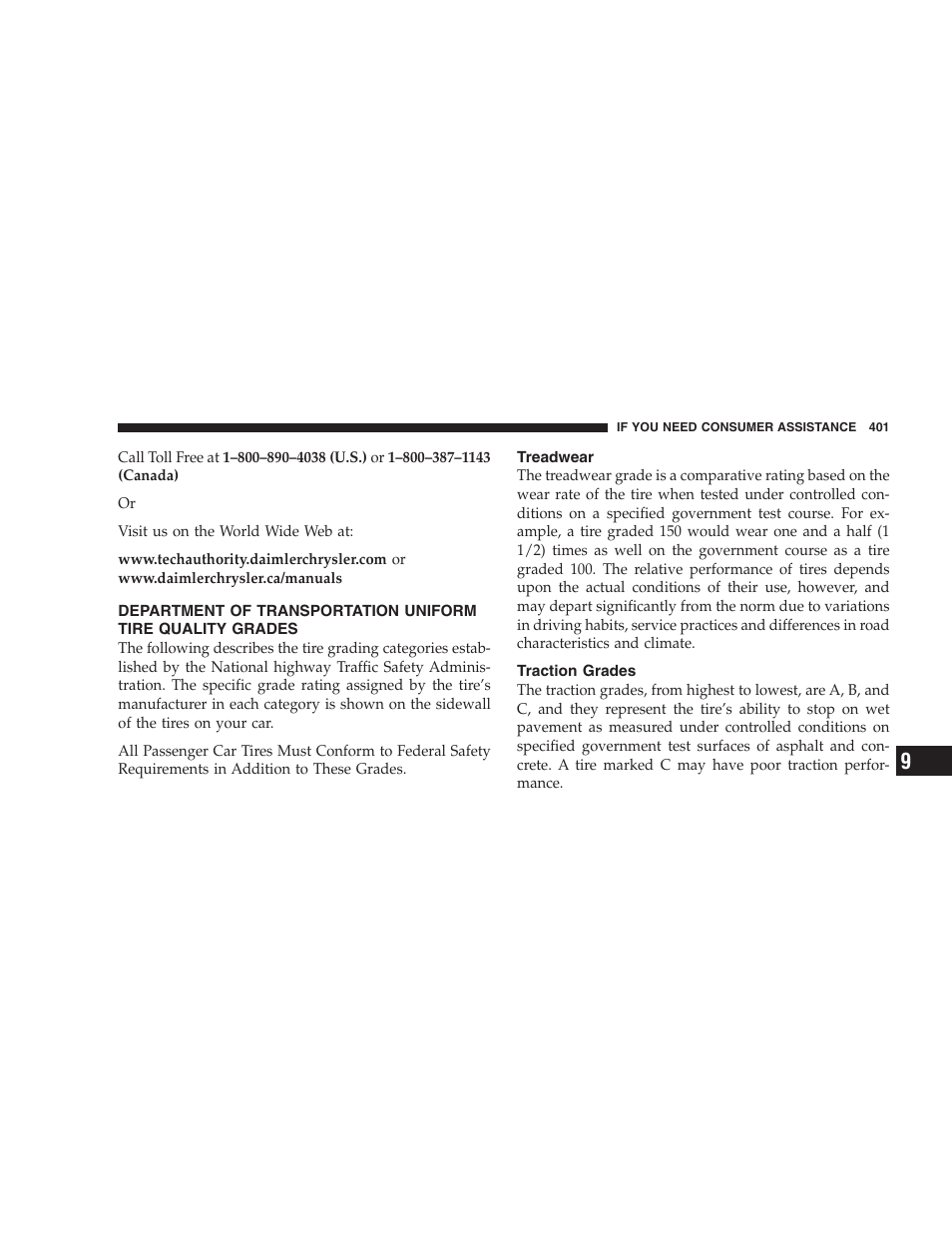 Department of transportation uniform tire, Quality grades, Treadwear | Traction grades | Chrysler 2005 Pacifica User Manual | Page 401 / 420