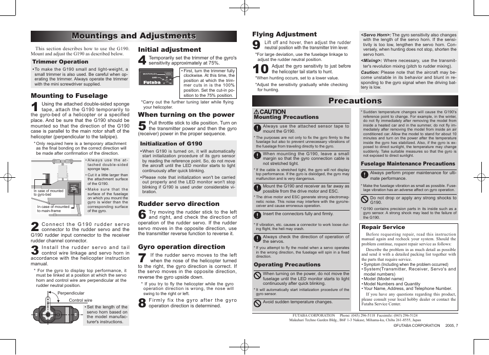 Mountings and adjustments, Precautions | Futaba G190 User Manual | Page 2 / 2
