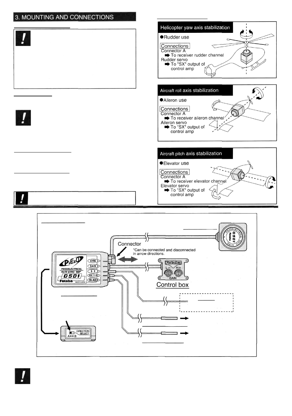 Mounting precautions, Gyro mounting, Mounting examples control amp mounting | Control box mounting, Connections gyro sensor, Servo | Futaba G501 User Manual | Page 2 / 4
