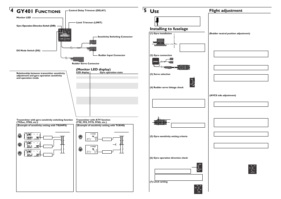 4 gy401 f, Unctions, Installing to fuselage | Flight adjustment, Monitor led display) | Futaba GY401 User Manual | Page 2 / 2