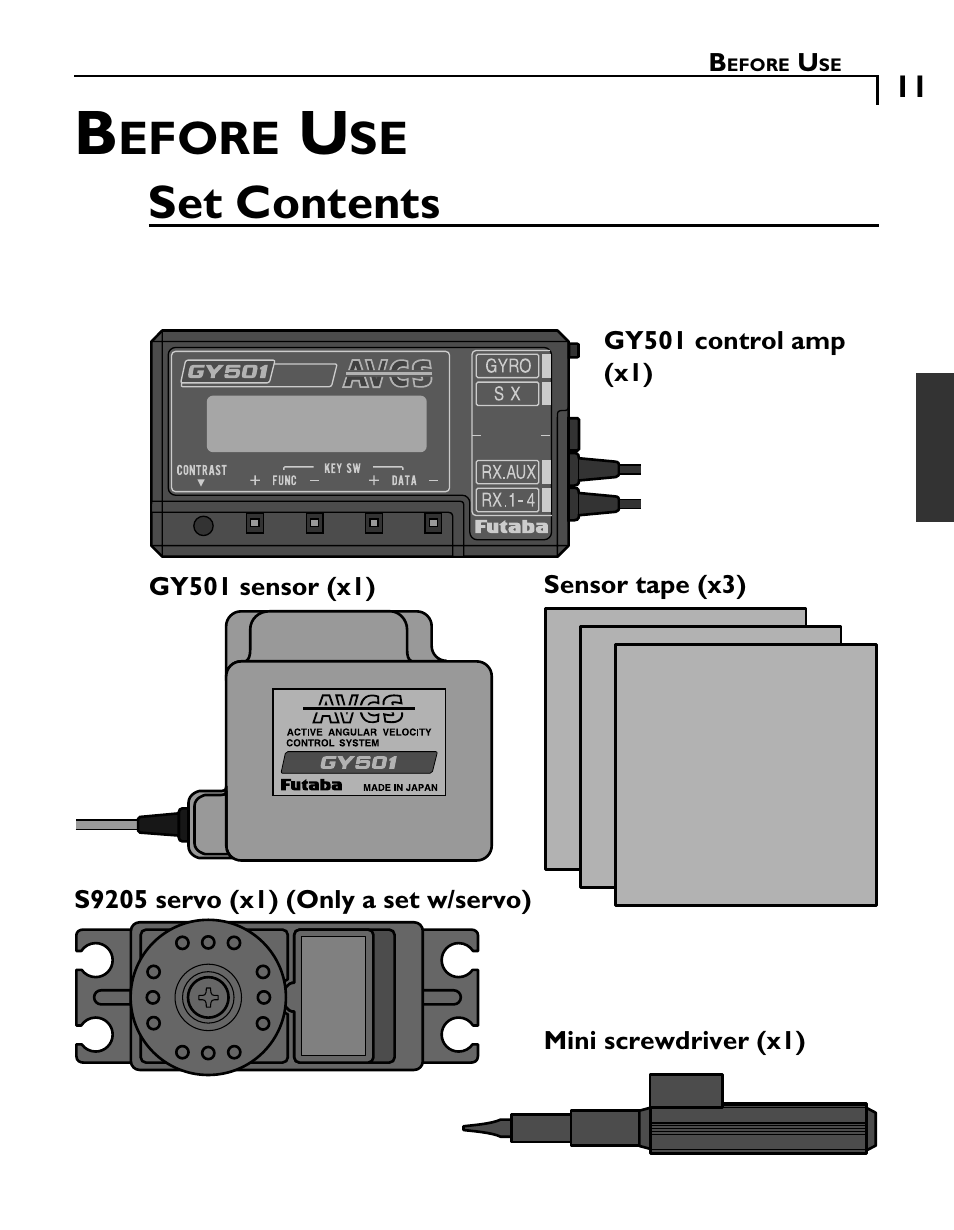 Set contents, Efore | Futaba GY501 User Manual | Page 10 / 45
