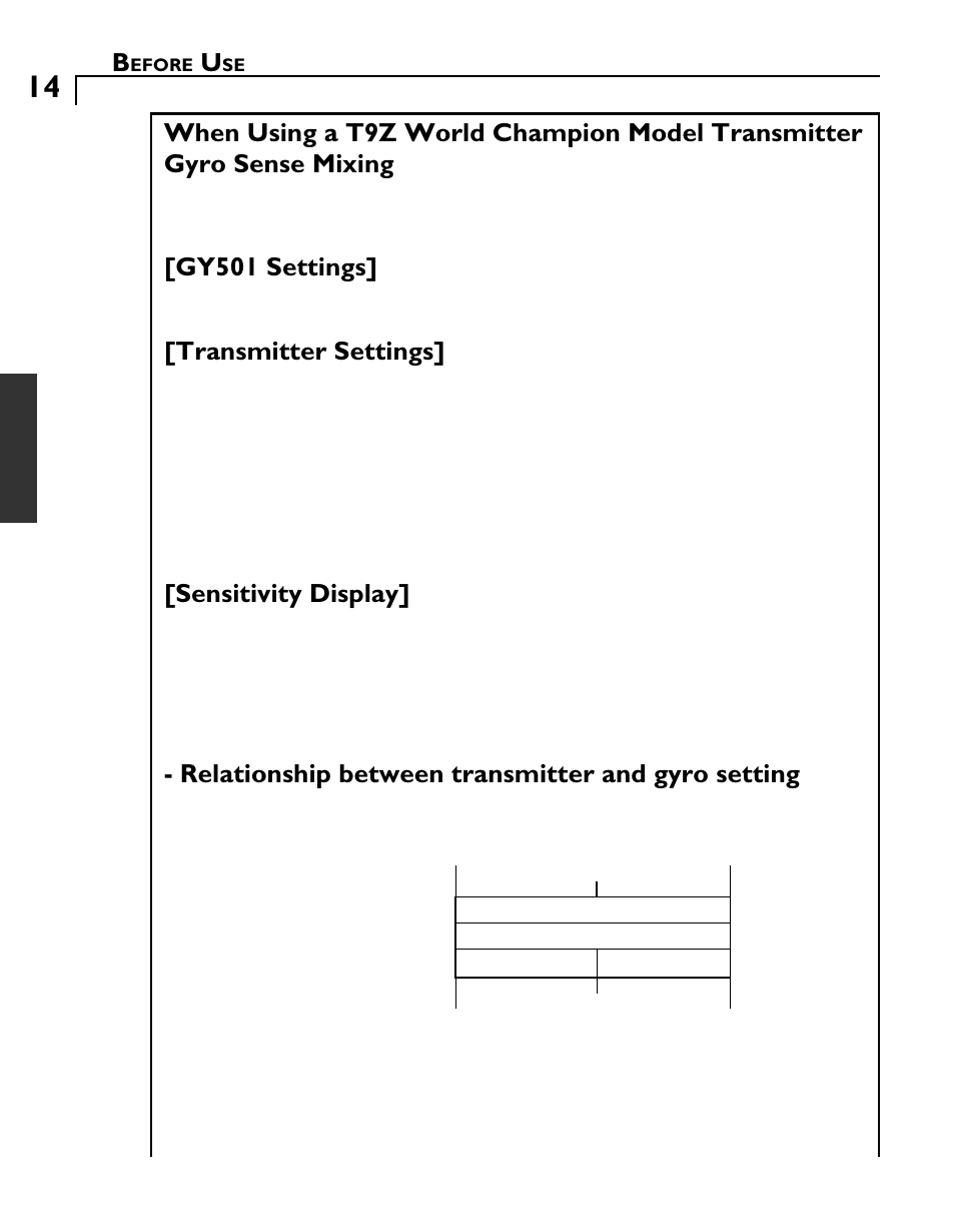 Gy501 settings, Transmitter settings, Sensitivity display | Relationship between transmitter and gyro setting | Futaba GY501 User Manual | Page 13 / 45