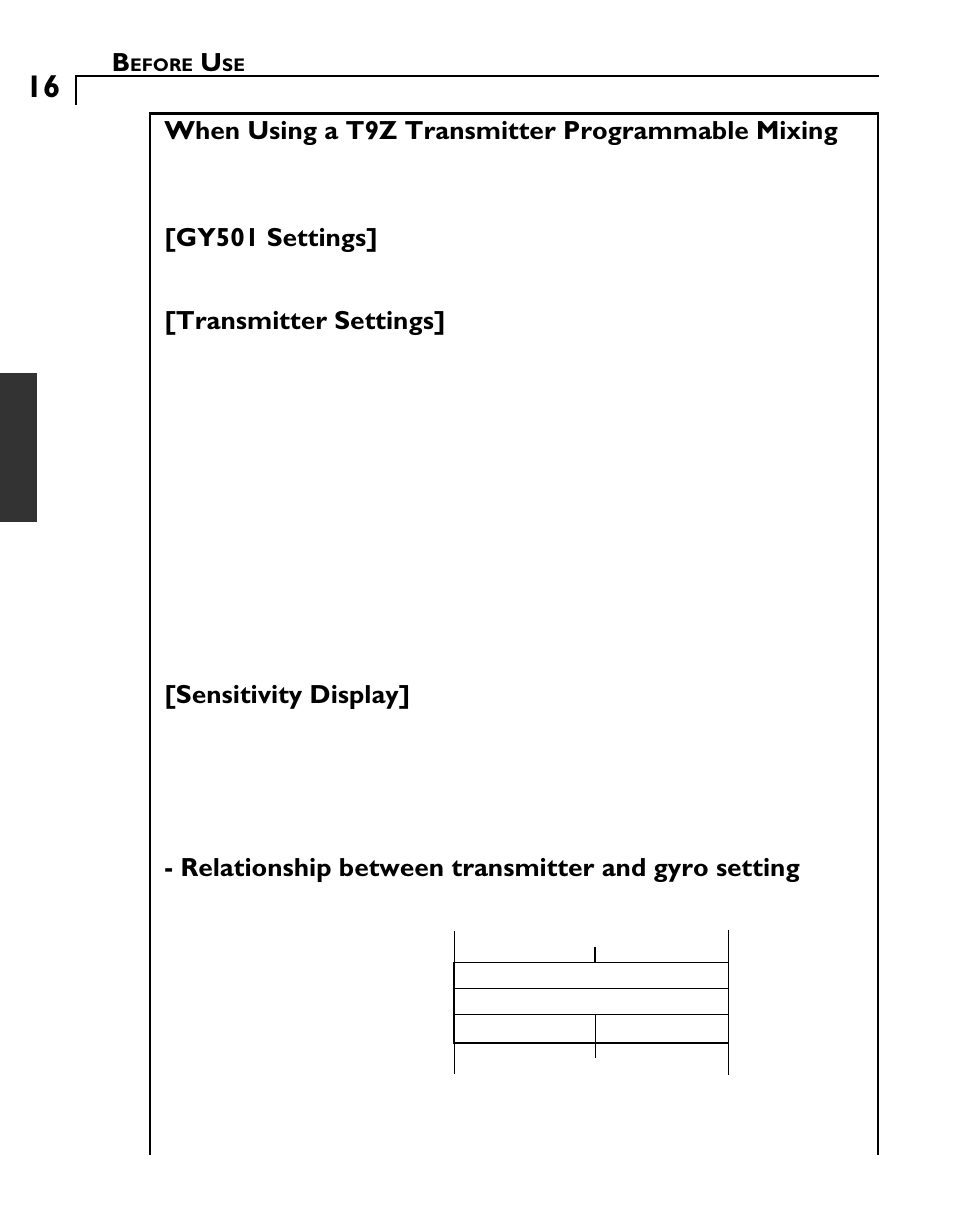 When using a t9z transmitter programmable mixing, Gy501 settings, Transmitter settings | Sensitivity display, Relationship between transmitter and gyro setting | Futaba GY501 User Manual | Page 15 / 45