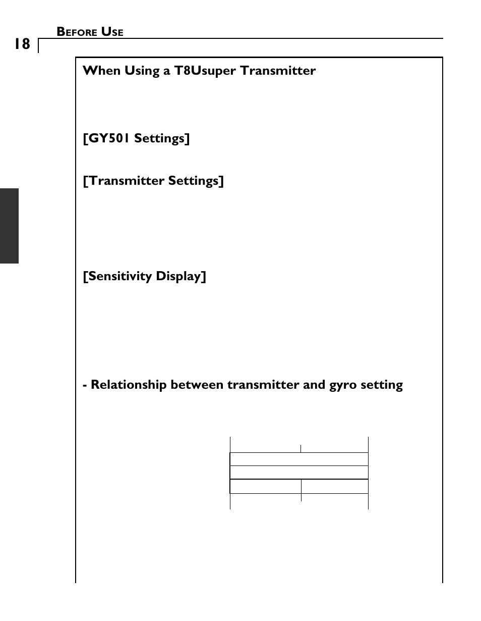 When using a t8usuper transmitter, Gy501 settings, Transmitter settings | Sensitivity display, Relationship between transmitter and gyro setting | Futaba GY501 User Manual | Page 17 / 45