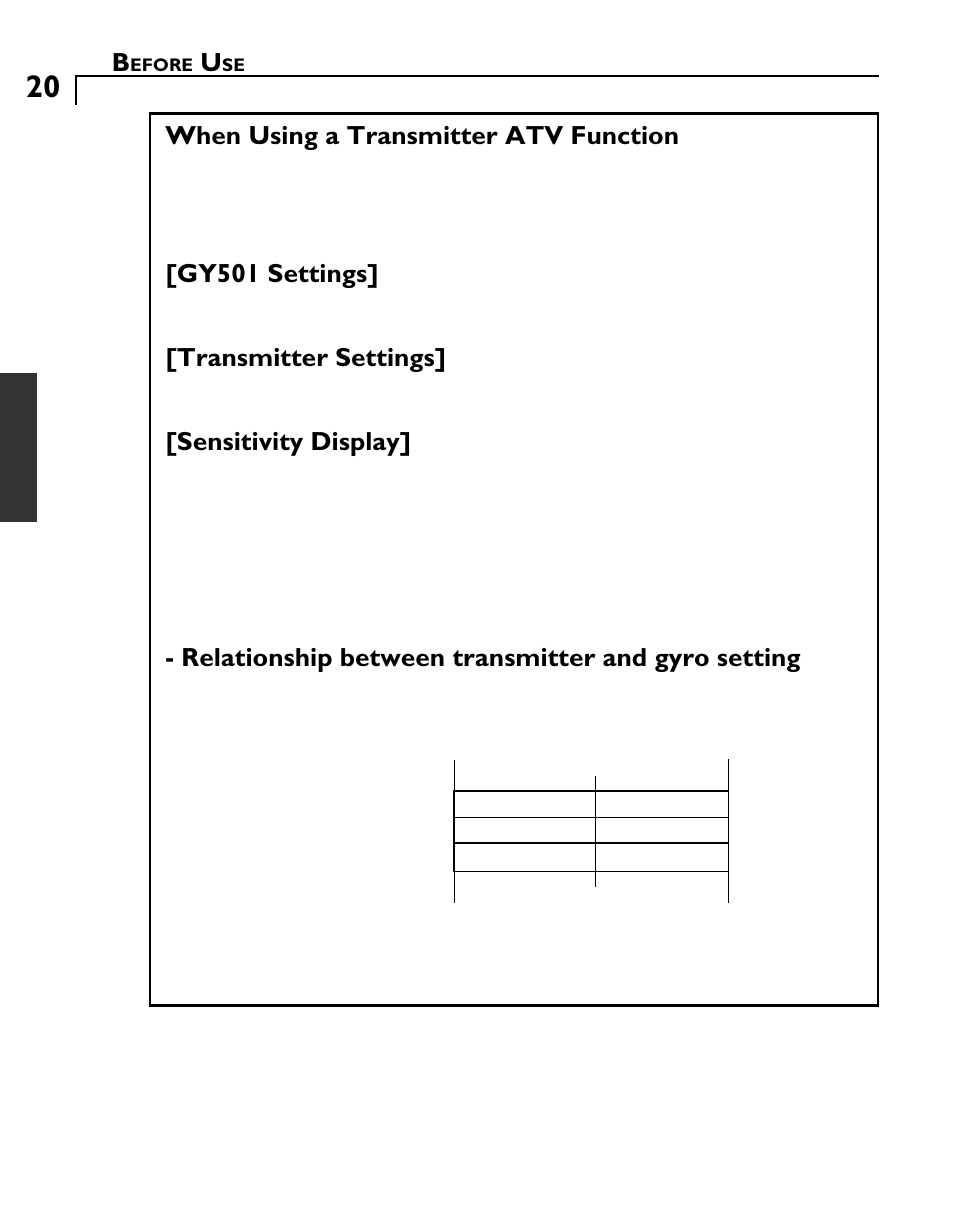 When using a transmitter atv function, Gy501 settings, Transmitter settings | Sensitivity display, Relationship between transmitter and gyro setting | Futaba GY501 User Manual | Page 19 / 45