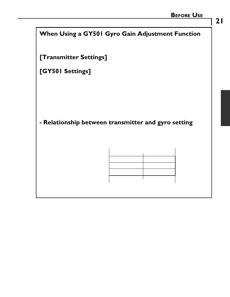 Gy501 settings, Relationship between transmitter and gyro setting | Futaba GY501 User Manual | Page 20 / 45