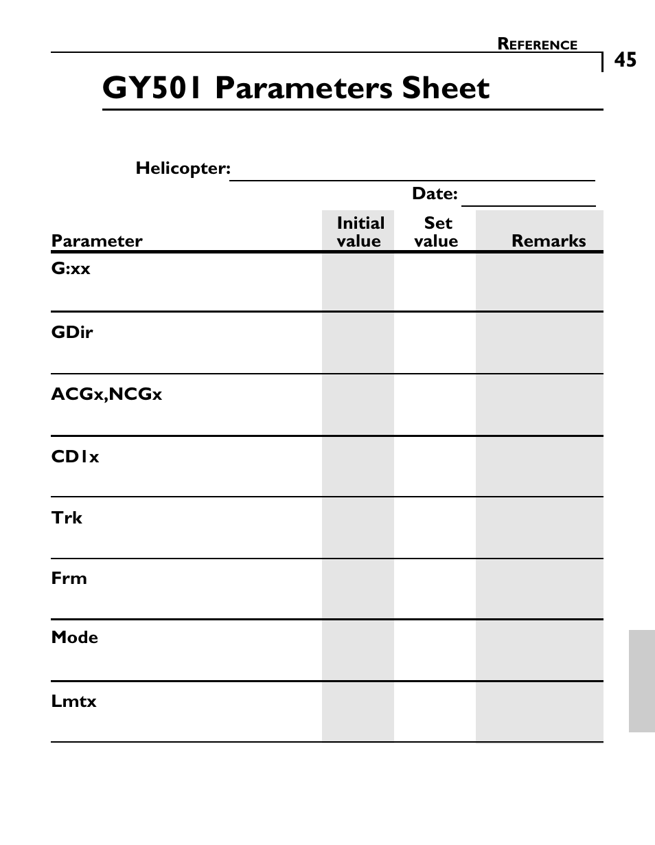 Gy501 parameters sheet | Futaba GY501 User Manual | Page 44 / 45