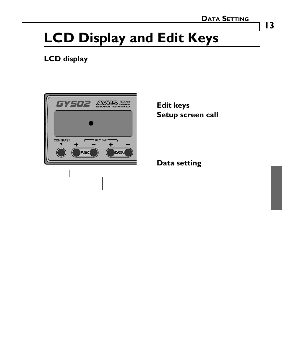 Lcd display and edit keys | Futaba GY502 User Manual | Page 13 / 43