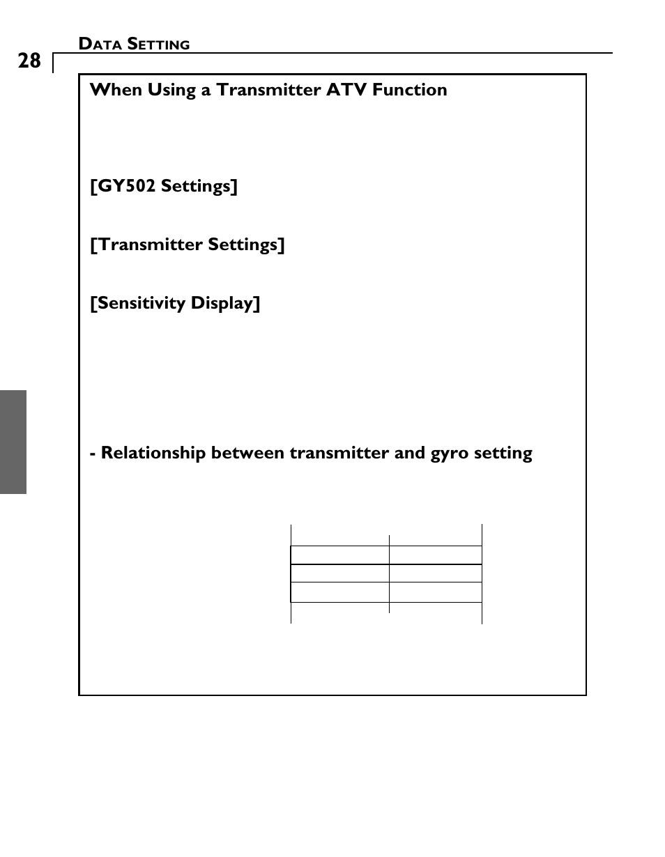 When using a transmitter atv function, Gy502 settings, Transmitter settings | Sensitivity display, Relationship between transmitter and gyro setting | Futaba GY502 User Manual | Page 28 / 43