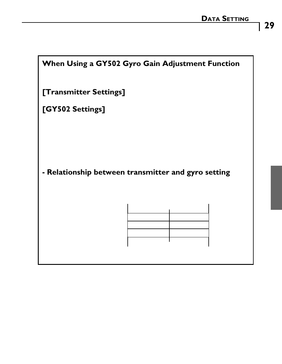 Gy502 settings, Relationship between transmitter and gyro setting | Futaba GY502 User Manual | Page 29 / 43