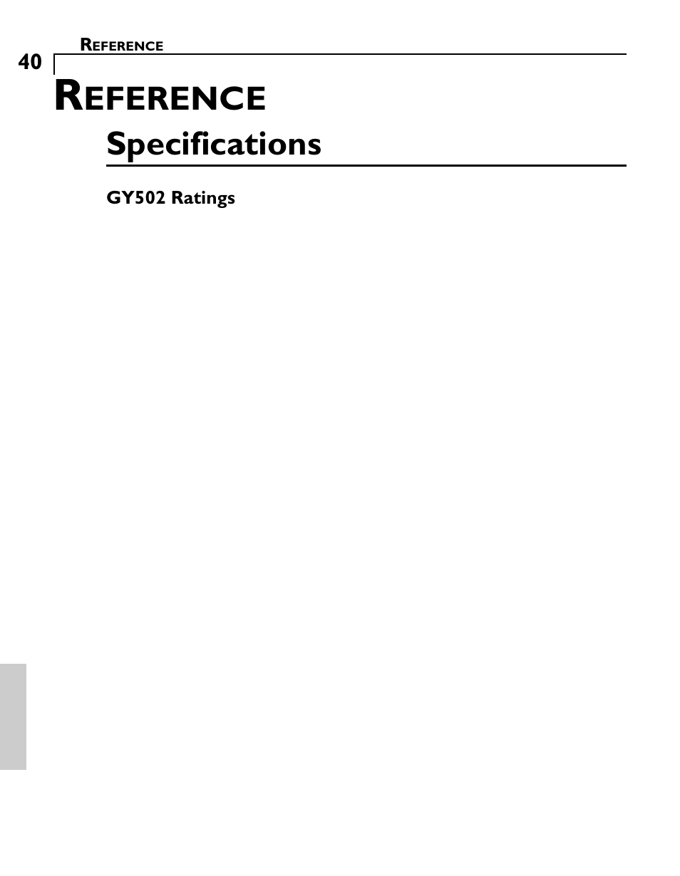 Eference, Specifications | Futaba GY502 User Manual | Page 40 / 43