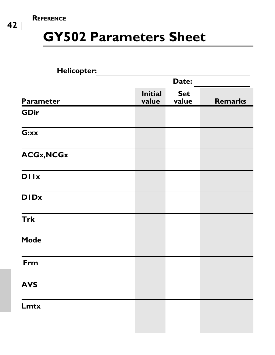 Gy502 parameters sheet, G:xx gdir acgx,ncgx d11x trk frm mode, D1dx | Lmtx | Futaba GY502 User Manual | Page 42 / 43