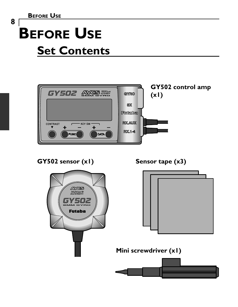 Set contents, Efore | Futaba GY502 User Manual | Page 8 / 43