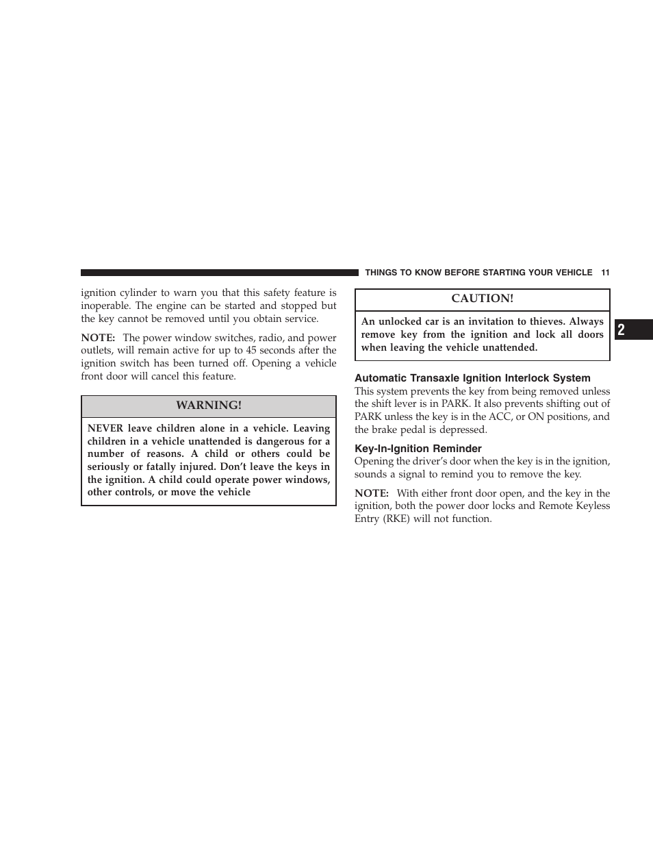 Automatic transaxle ignition, Interlock system, Key-in-ignition reminder | Chrysler 2007 Sebring Sedan User Manual | Page 11 / 376
