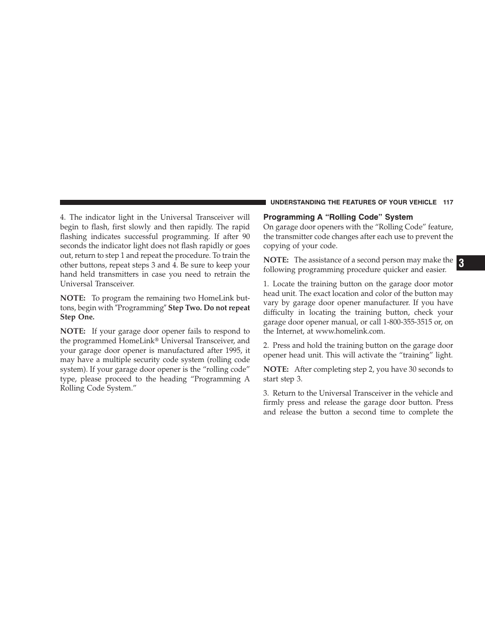 Programming a “rolling code” system | Chrysler 2007 Sebring Sedan User Manual | Page 117 / 376