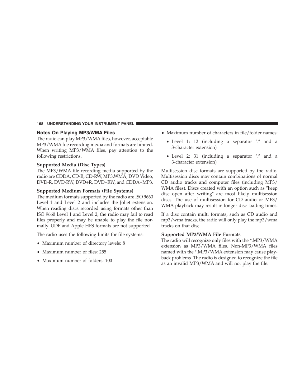 Notes on playing mp3/wma files | Chrysler 2007 Sebring Sedan User Manual | Page 168 / 376