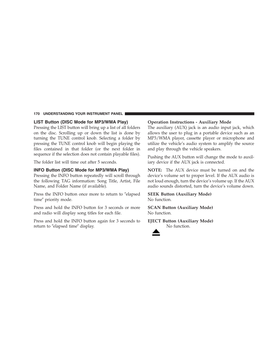 List button, Disc mode for mp3/wma play), Info button | Chrysler 2007 Sebring Sedan User Manual | Page 170 / 376