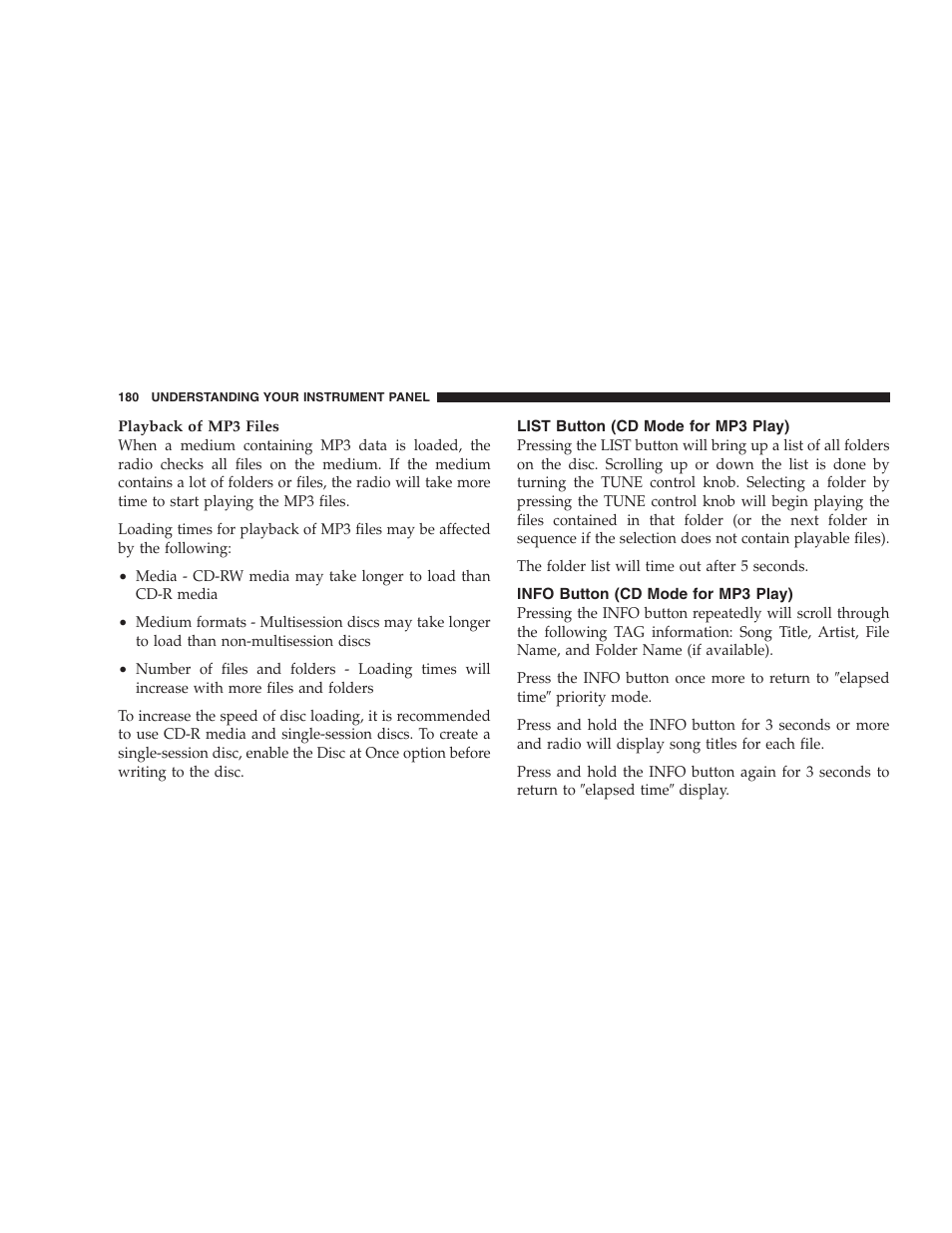 List button (cd mode for mp3 play), Info button (cd mode for mp3 play) | Chrysler 2007 Sebring Sedan User Manual | Page 180 / 376