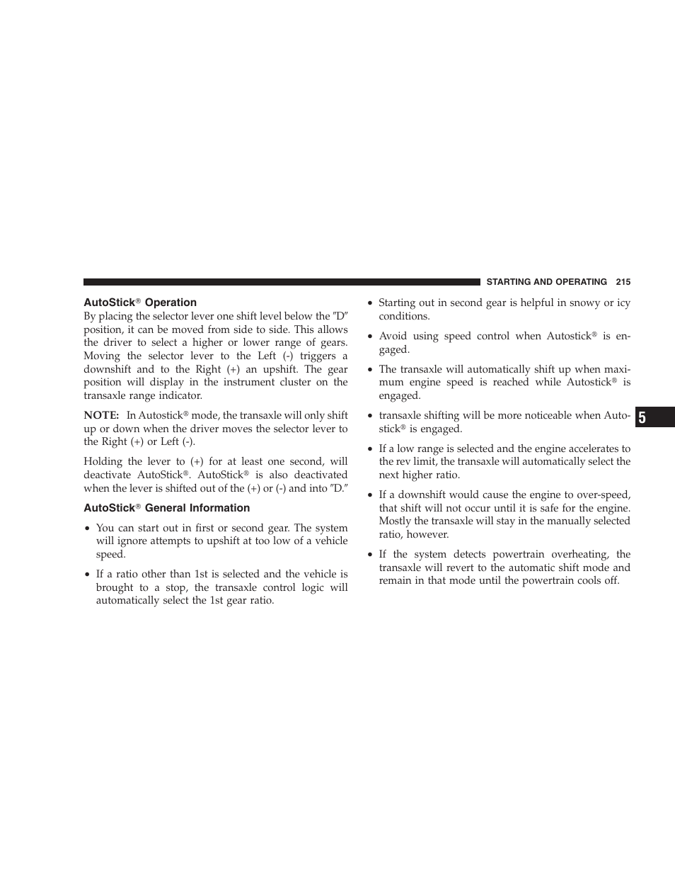 Autostick௡ operation, Autostick௡ general information | Chrysler 2007 Sebring Sedan User Manual | Page 215 / 376
