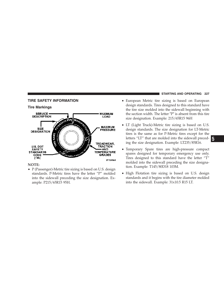 Tire safety information, Tire markings | Chrysler 2007 Sebring Sedan User Manual | Page 227 / 376