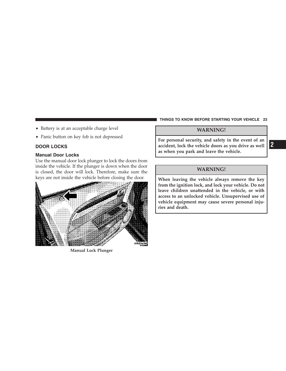 Door locks, Manual door locks | Chrysler 2007 Sebring Sedan User Manual | Page 23 / 376