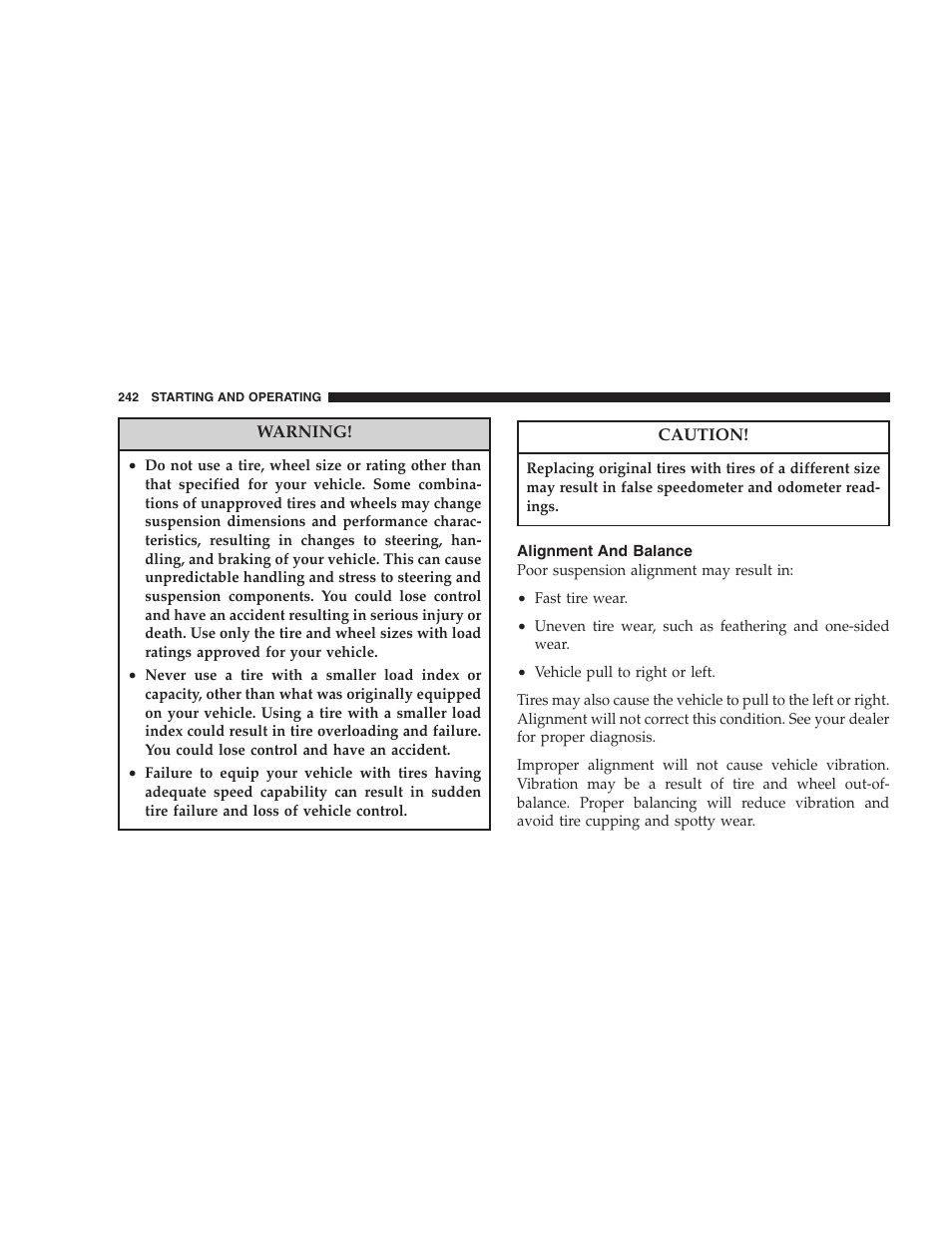 Alignment and balance | Chrysler 2007 Sebring Sedan User Manual | Page 242 / 376