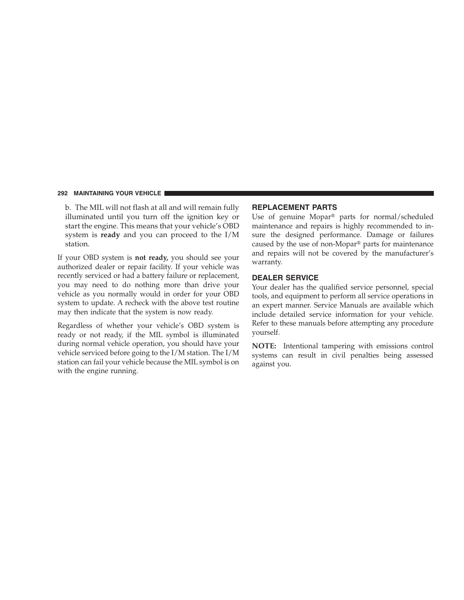 Replacement parts, Dealer service | Chrysler 2007 Sebring Sedan User Manual | Page 292 / 376