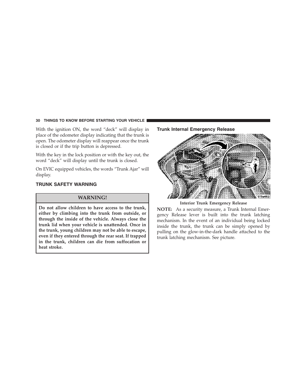 Trunk safety warning, Trunk internal emergency release | Chrysler 2007 Sebring Sedan User Manual | Page 30 / 376