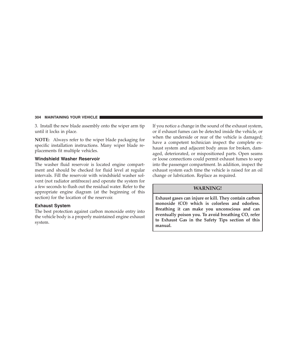 Windshield washer reservoir, Exhaust system | Chrysler 2007 Sebring Sedan User Manual | Page 304 / 376