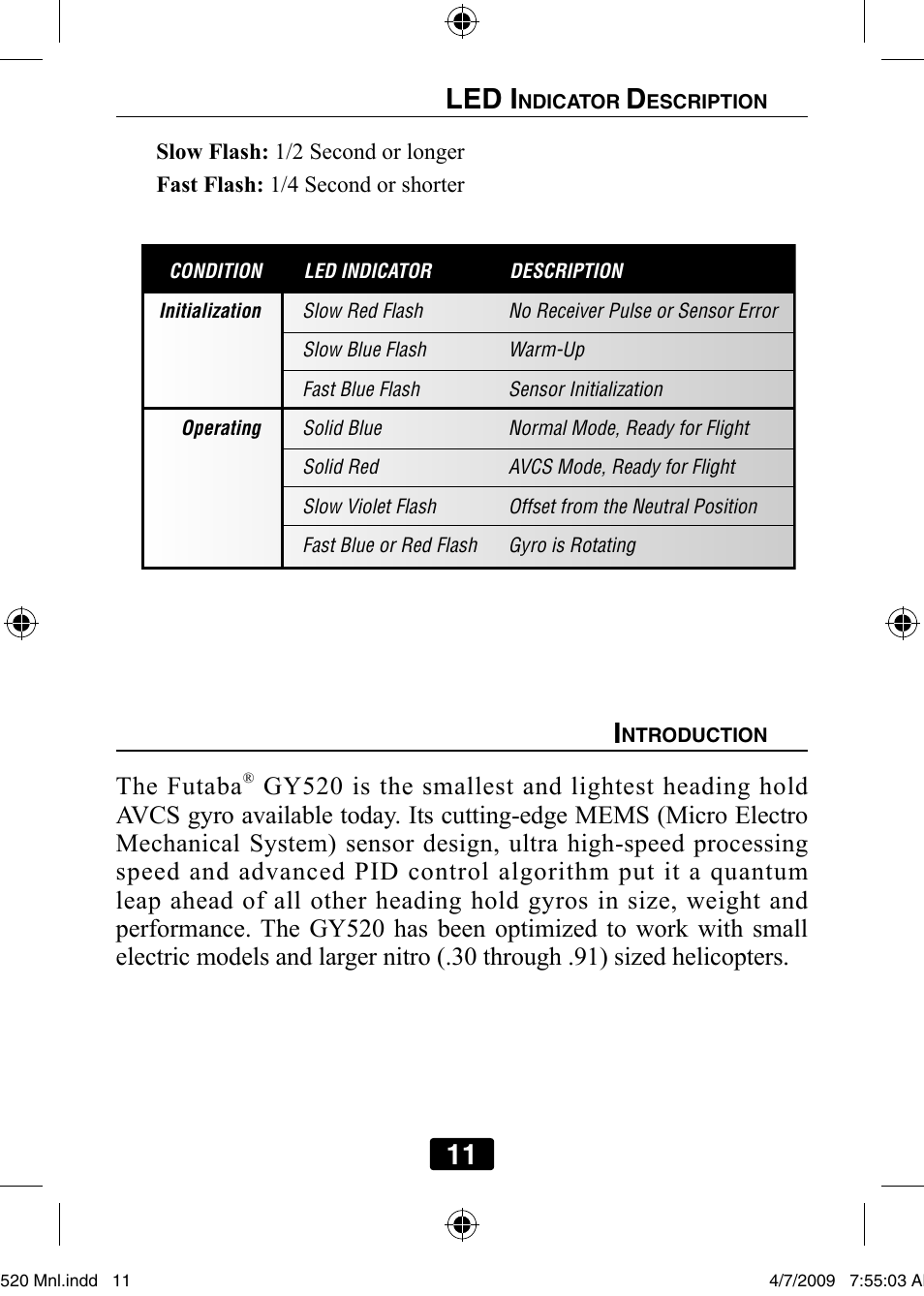 11 led i, The futaba | Futaba GY520 User Manual | Page 11 / 32