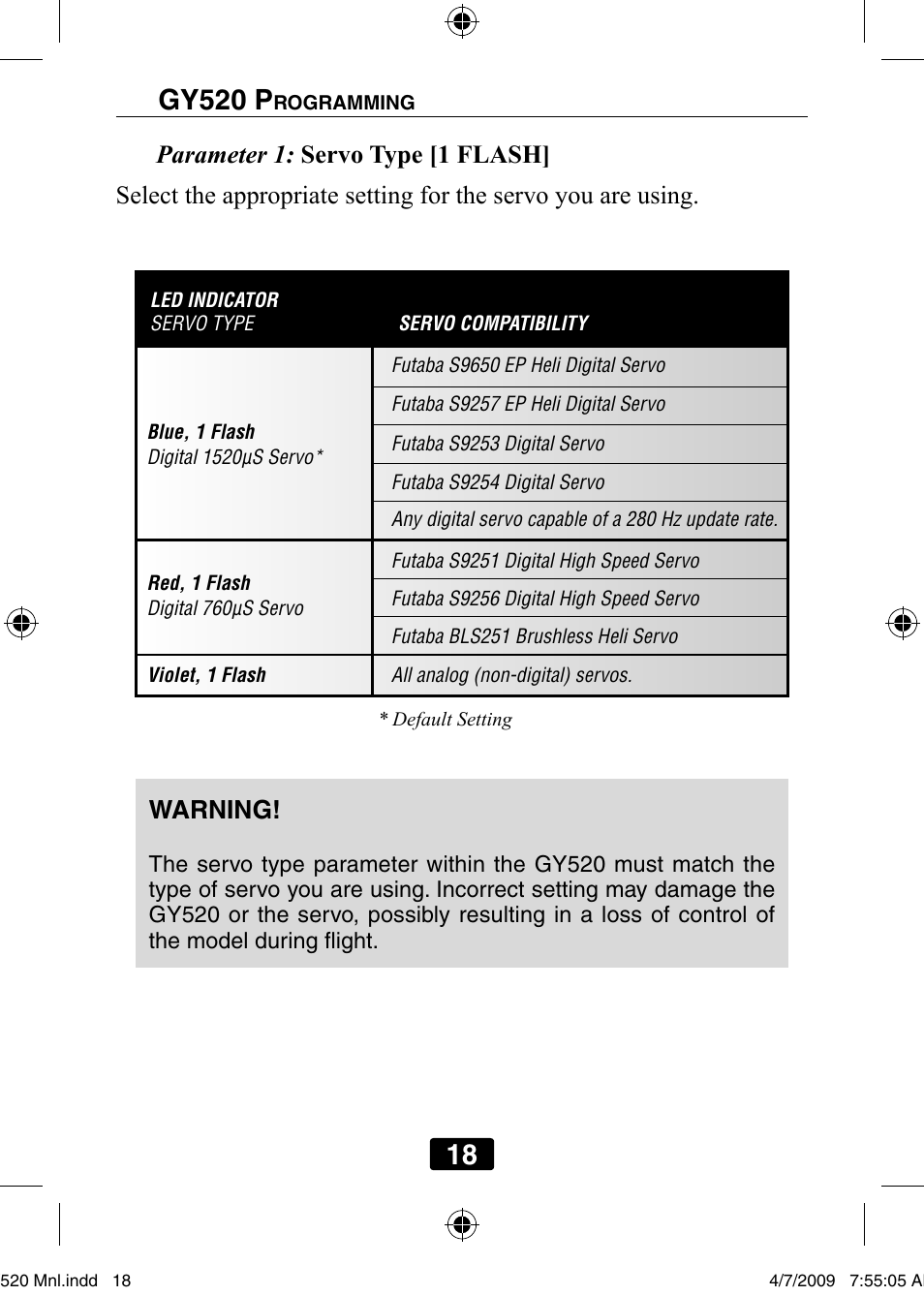 Parameter 1: servo type [1 flash] warning | Futaba GY520 User Manual | Page 18 / 32