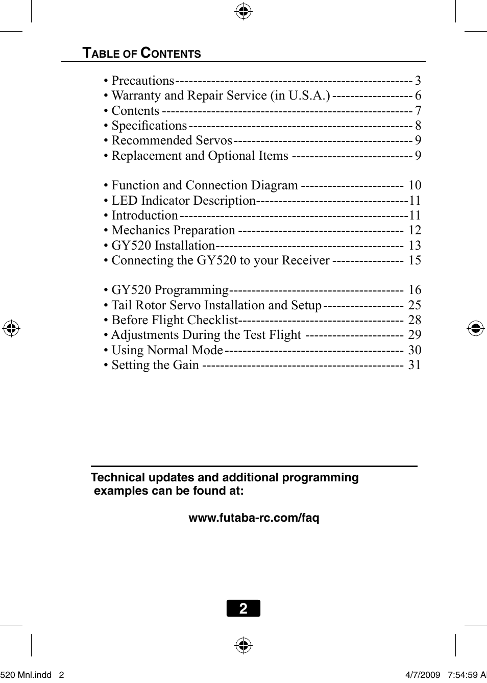 Futaba GY520 User Manual | Page 2 / 32