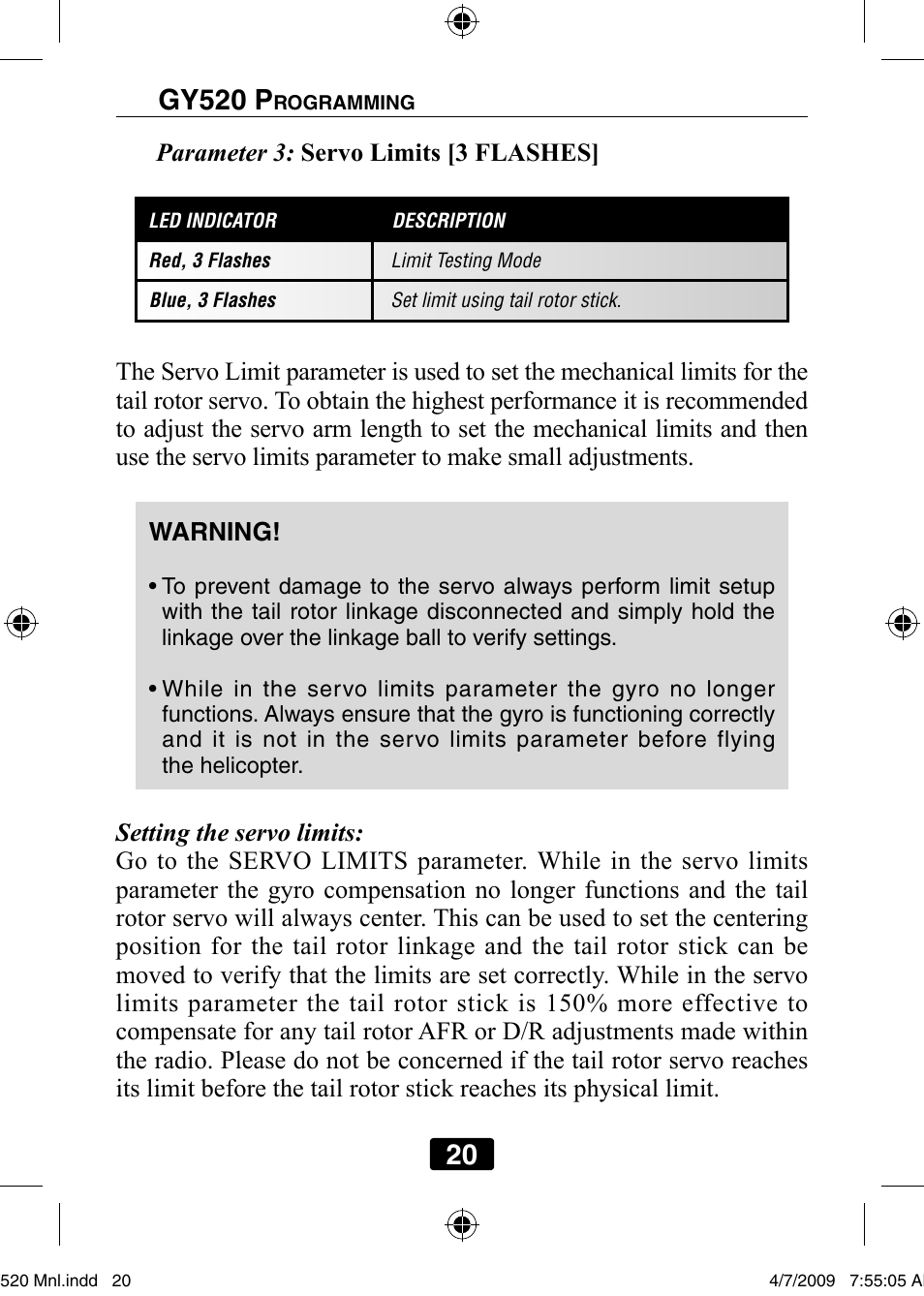 Parameter 3: servo limits [3 flashes | Futaba GY520 User Manual | Page 20 / 32