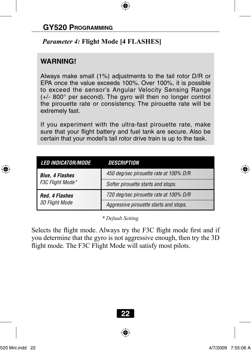 Parameter 4: flight mode [4 flashes, Warning | Futaba GY520 User Manual | Page 22 / 32