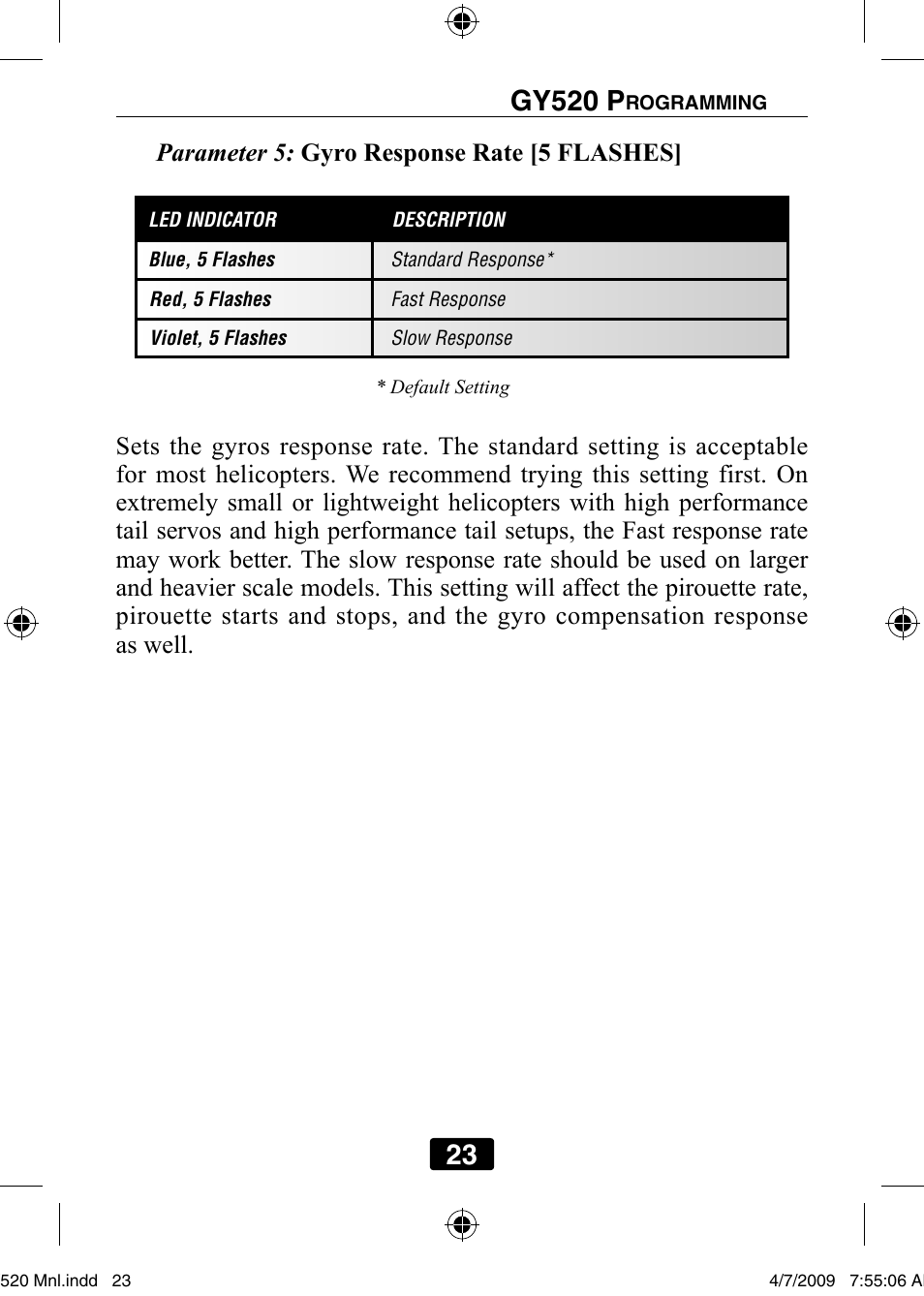 Parameter 5: gyro response rate [5 flashes | Futaba GY520 User Manual | Page 23 / 32