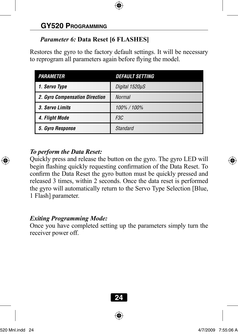 Parameter 6: data reset [6 flashes | Futaba GY520 User Manual | Page 24 / 32