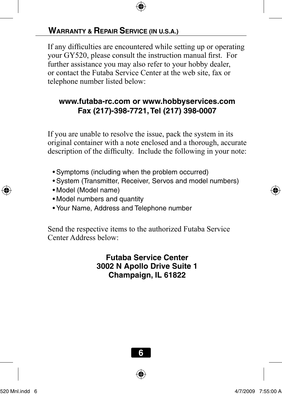 Futaba GY520 User Manual | Page 6 / 32