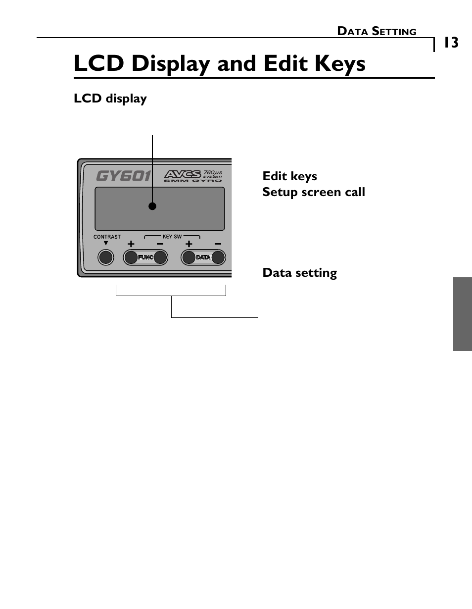 Lcd display and edit keys | Futaba GY601 User Manual | Page 13 / 43